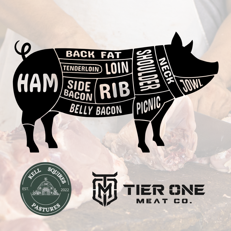 Butcher diagram of a pig with labeled meat cuts on a blurred background, featuring Tier One Meat Co. and Kell Squires Pastures logos.