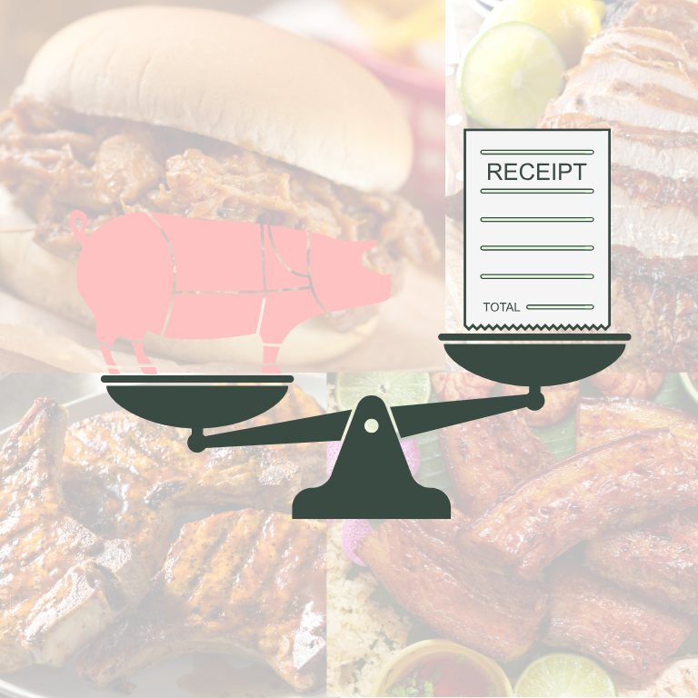 Receipt on a scale balanced with a pork cuts diagram, with blurred pork food items in the background for Kell Squires Pastures