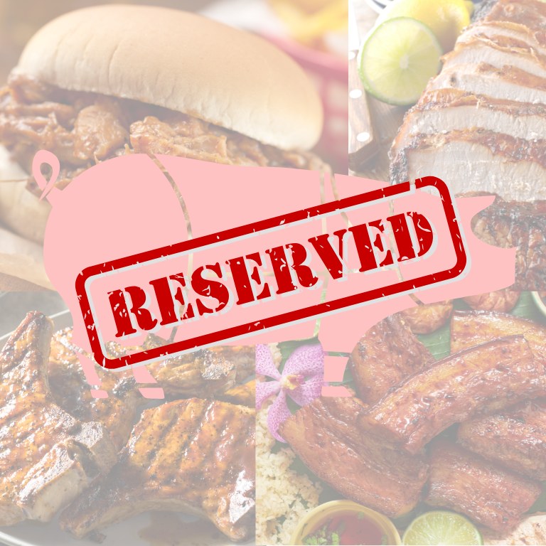 Plated pork foods with a 'RESERVED' stamp overlay on top of pork cuts graphic for Kell Squires Pastures