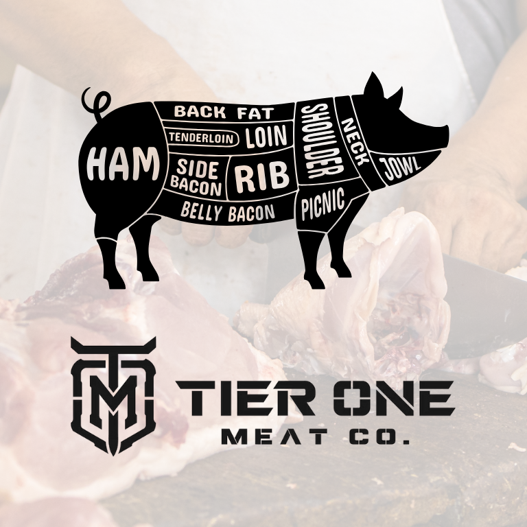 Butcher diagram of a pig with labeled meat parts and Tier One Meat Co. logo.